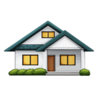 Charming illustration of small white house with blue roof, featuring warm glowing windows and surrounded by green bushes, creating cozy and inviting atmosphere png