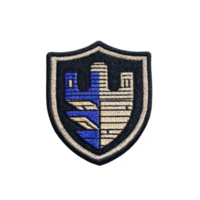 This shows embroidered patch featuring shield design with stylized castle motif blue and beige colors. patch has transparency background and border that outlines shield shape.Embroidered patch png