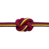 Colorful rope tied in complex knot, featuring red, yellow, and black strands, symbolizes strength and unity. intricate design showcases craftsmanship and attention to detail png