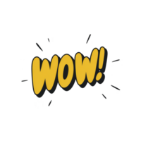 Bold, yellow WOW text with black outline and exclamation mark, surrounded by small lines for emphasis, conveys excitement and surprise png