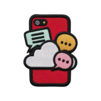 Colorful embroidered patch features red smartphone with speech bubbles and cloud, symbolizing communication and connectivity. design is playful and vibrant png