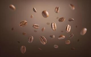 Roasted coffee beans levitate with dark background. Coffee beans flying and falling use for background. Close up image photo