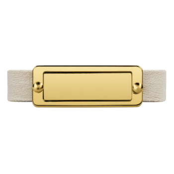 Rectangular gold metal label holder with screws is attached to beige fabric strap, isolated on transparency background. design is simple and elegant, suitable for various uses png