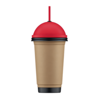 Brown disposable cup with red dome lid and straw, designed for cold beverages, stands against transparency background. cup simple design is ideal for takeaway drinks png