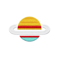 Colorful embroidered design of planet with rings, resembling Saturn, features vibrant stripes in yellow, red, and blue against transparency background, creating striking visual png
