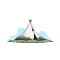 Traditional teepee stands on grassy patch surrounded by rocks, with clear blue sky in background, evoking sense of tranquility and simplicity png