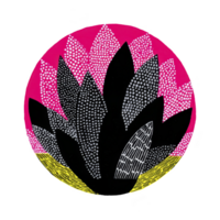 Vibrant abstract illustration featuring circular design with bold pink, black, and yellow colors. pattern includes dotted and lined textures, creating dynamic and artistic composition png