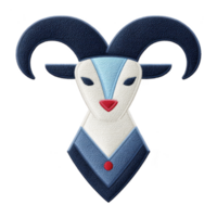 This features stylized, embroidered goat head with large curved horns, blue and white color scheme, and red nose, creating modern and artistic design png