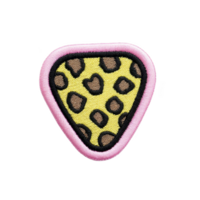 Vibrant embroidered patch features leopard print design with pink border, creating playful and stylish accessory. patch is shaped like guitar pick, adding unique touch.leopard print patch with png