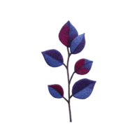 Vibrant embroidered patch features stylized branch with blue and purple leaves, showcasing intricate stitching and modern design. Perfect for adding touch of color to clothing or accessories png