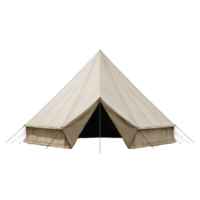 Large beige canvas tent with triangular entrance and multiple ropes for stability, ideal for camping or outdoor events. tent design is simple yet functional png