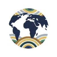 Stylized illustration of Earth with abstract, colorful patterns surrounding it, featuring blue continents and multicolored arcs. design is artistic and vibrant, evoking sense of global unity png