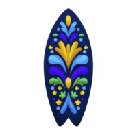 Vibrant surfboard design features symmetrical floral pattern with blue, yellow, and green elements on transparency background, creating lively and artistic appearance png