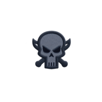 Dark, embroidered skull and crossbones patch with wings, set against plain background, conveys sense of edginess and rebellion. design is simple yet striking, ideal for clothing or accessories png