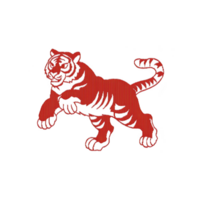 Red tiger illustration with bold, dynamic pose on transparency background, showcasing strength and power. design features intricate line work and stylized appearance png