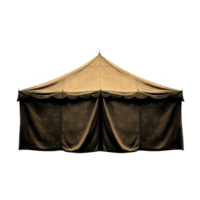 Large, vintage style canvas tent with pointed roof and draped sides, evoking sense of adventure and nostalgia. tent is set against plain background png