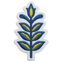 This shows embroidered patch with stylized leaf design blue and yellow transparency background. patch features symmetrical pattern with central stem and leaves branching out.embroidered patch with png