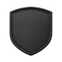 Black fabric shield patch with textured surface, suitable for customization or embroidery. patch has simple, classic design, making it versatile for various applications png