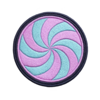 This features circular embroidered patch with spiral pattern pink and blue, bordered by black edge. design is reminiscent of pinwheel or hypnotic swirl, creating visually striking effect png