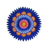 Vibrant mandala design featuring concentric circles of colorful petals, with central pink flower surrounded by blue and orange floral patterns, creating harmonious and symmetrical artwork png
