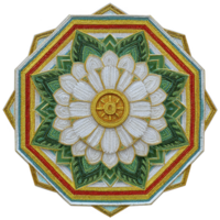 Vibrant mandala design featuring central white flower with intricate green leaves and geometric patterns, surrounded by layers of colorful borders in yellow, red, and green png