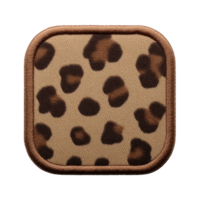 Square patch with leopard print design featuring brown and black spots on tan background, bordered with brown stitching, evokes wild and stylish aesthetic png