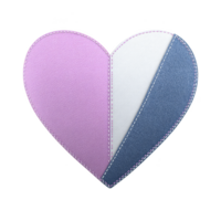 Heart shaped design features patchwork of pastel colors, including pink, white, and blue, with visible stitching. texture resembles fabric, creating soft and inviting appearance png