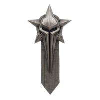 Metallic, star shaped emblem with sharp, angular design and textured ribbon hanging below, exuding sense of power and authority png