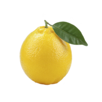 Vibrant yellow lemon with green leaf attached, showcasing its fresh and juicy appearance against plain background png