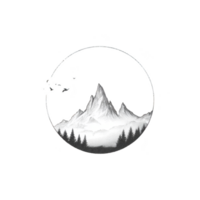 Serene black and white illustration of mountain peak surrounded by trees, enclosed in circular frame, evokes sense of tranquility and nature beauty png