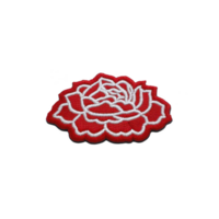 Red and white embroidered rose patch with intricate detailing, perfect for adding floral touch to clothing or accessories. patch features bold red background with white stitching png