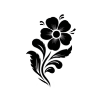 Simple black floral silhouette design features single flower with leaves, creating elegant and minimalistic look. design is suitable for various decorative purposes png
