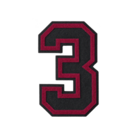 Image shows bold, black number three with red outline on transparency background. design is simple and striking, often used in sports jerseys or as decorative element png