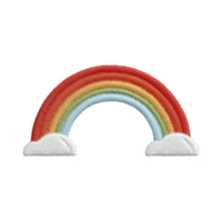 Colorful embroidered rainbow patch with vibrant stripes and fluffy white clouds each end, set against plain background. cheerful design is perfect for adding playful touch to clothing png