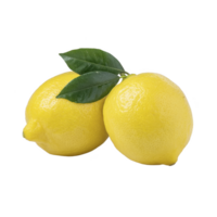 Two fresh yellow lemons with green leaves are displayed against transparency background, showcasing their vibrant color and smooth texture. image captures essence of citrus fruit png