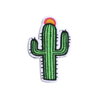 Vibrant embroidered cactus patch with colorful sun detail on top, set against transparency background. design features green and white stitching, creating playful and eye catching look png