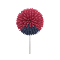 Vibrant, round pom pom with red and blue bristles on stick, resembling decorative or cleaning tool. colorful design is eye catching and playful png