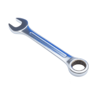 Shiny metal wrench with open end and ring end design, isolated on transparency background. tool is commonly used for tightening or loosening nuts and bolts, essential in mechanical work png
