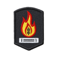 This shows embroidered patch featuring stylized flame design with central emblem and horizontal bar below, set against transparency background. patch has shield like shape.flame patch design png