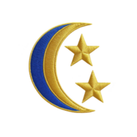 Crescent moon and two stars are embroidered in gold and blue, creating celestial design on transparency background. intricate stitching adds texture and depth to motif png