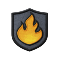 Shield shaped patch features vibrant yellow flame symbol on transparency background, representing protection and energy. embroidered design adds texture and depth png