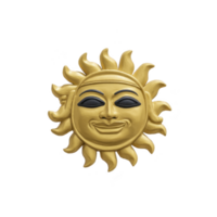 Golden sun face with smiling expression and stylized rays, featuring bold black eyes, symbolizes warmth and positivity. design is artistic and decorative, ideal for home decor png