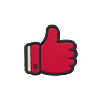 Red thumbs up patch with black outline and white cuff symbolizes approval or agreement. design is simple and bold, making it easily recognizable and suitable for various uses png