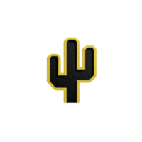 Stylized cactus icon with yellow outline and black fill, featuring simple, bold design. cactus has three arms and textured appearance, set against transparent background png