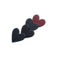 Four heart shaped leather patches in black and red are arranged in diagonal line, creating simple yet elegant design. texture of leather adds tactile element to visual appeal png