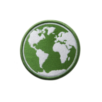 Round embroidered patch features green and white globe design, symbolizing global unity and environmental awareness. patch is detailed with continents and ocean patterns png
