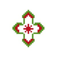 Vibrant pixel art design featuring symmetrical pattern with red and green geometric shapes transparency background. central motif resembles cross with arrow like extensions, creating dynamic png