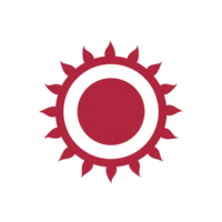 Red sun symbol with circular center and radiating triangular rays on transparency background. design is simple and bold, evoking sense of energy and warmth png