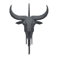 Stylized bull skull with large horns is depicted monochrome design, evoking rustic and western aesthetic. skull is centered and appears to be mounted vertical rod, adding sense of symmetry png