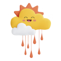 Cute, smiling sun peeks over fluffy cloud with colorful raindrops dripping below, creating cheerful and whimsical weather illustration png